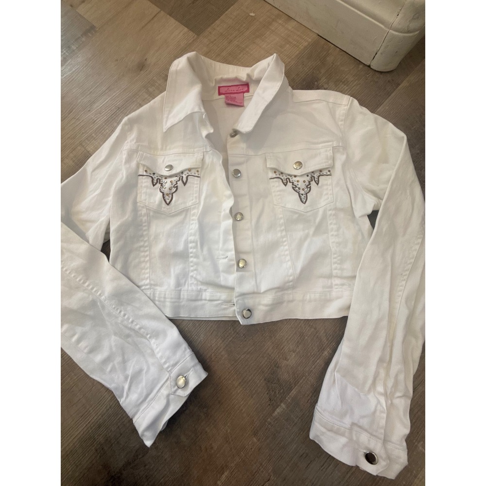 Luvn Luv White Cropped‎ Denim Jacket with Rhinestone Western Detail - Size Large